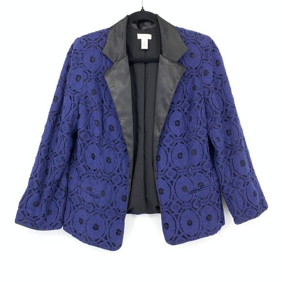 Chico's Jackets & Blazers - Chicos Jacket Womens Size 1 US M Blue Lace Black Satin Trim Open Front